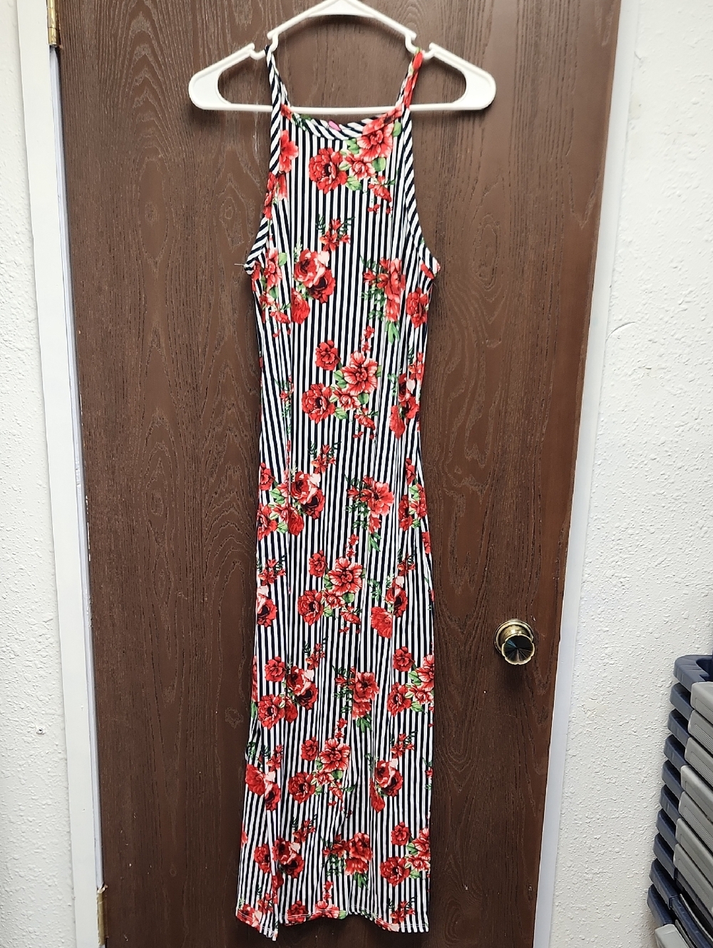 Discreet Red Floral on Black-and-White Stripe Maxi Dress